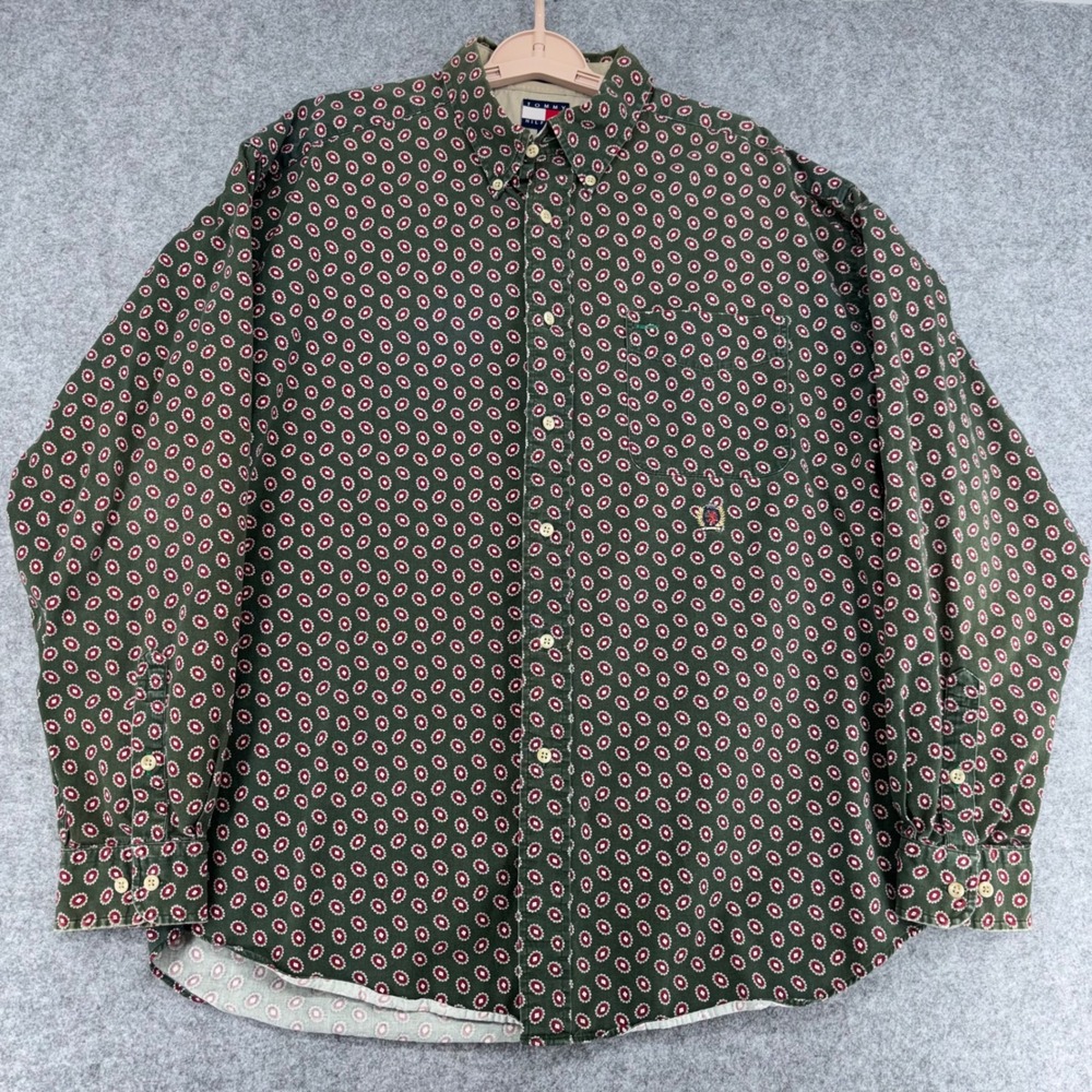 VTG Tommy Hilfiger Mens Large Green Red Medallion Print Cotton Button Down Shirt